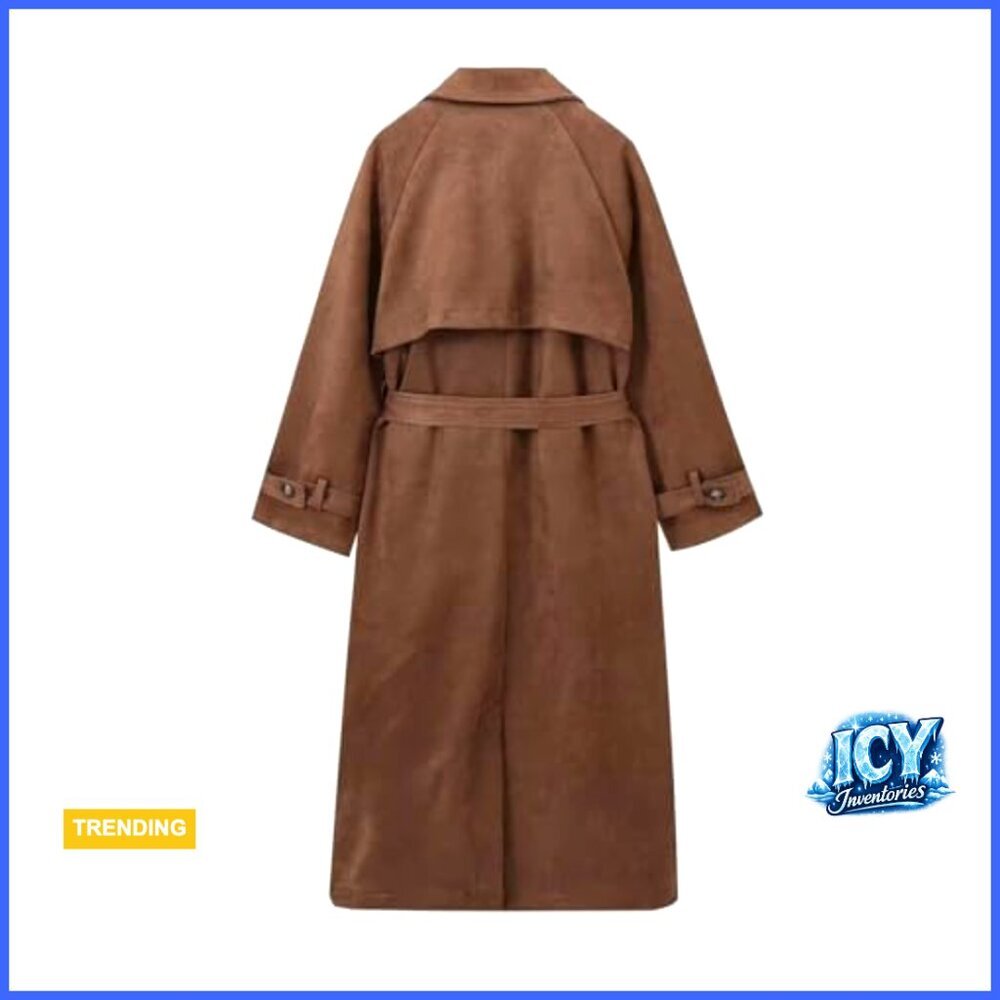 Faux Suede Trench Coat Double Breasted Belted Slim Fit Ankle Length - Picture 4 of 7